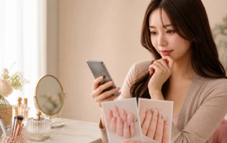 ネイルサロンの予約メニュー変更をスマホで相談する女性