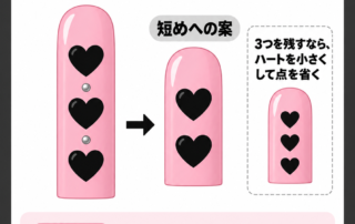 ピンクのロングスクエアに黒いハート3つを描いた案と、短めの形にハート2つを残して小さな点を省いた案。