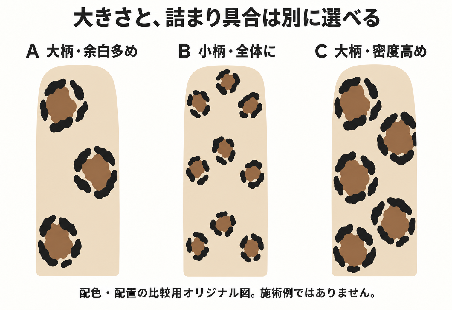 同じミルクベージュのロングスクエアに、大柄3つ、小柄9つ、大柄5つを配置し、模様の大きさと余白を比べたオリジナル図