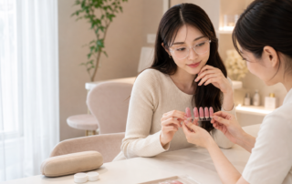 眼鏡をかけて生活に合うロングネイルの長さを相談する女性