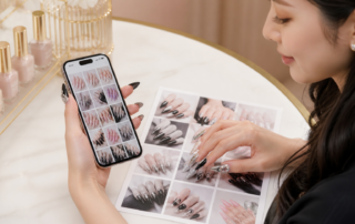 InstagramやTikTokでネイルデザインを探し、候補画像を整理するイメージ