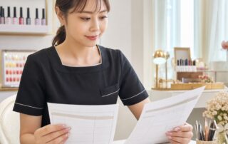 給与明細と求人票を確認する女性ネイリスト